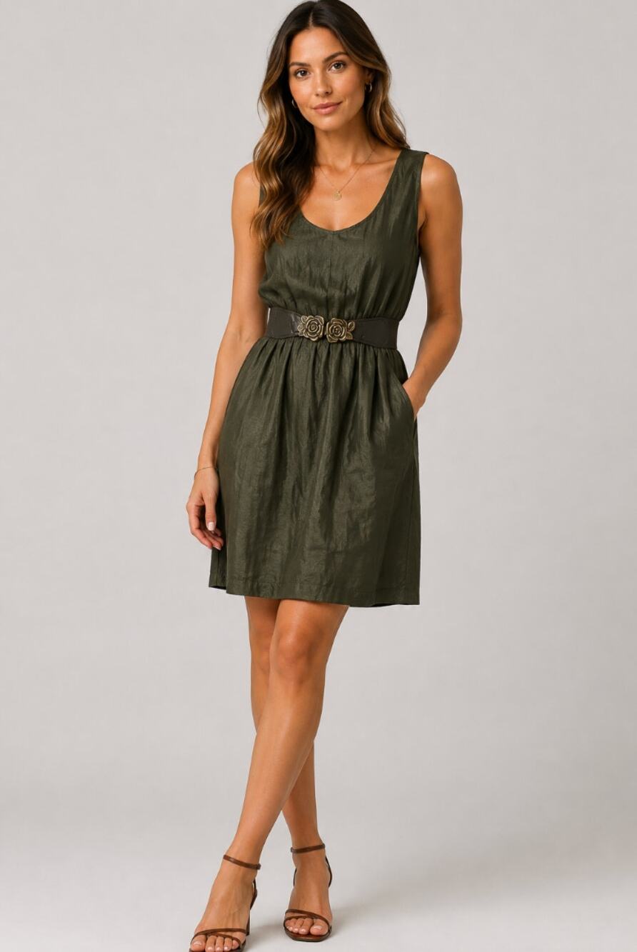YA Los Angeles Women’s Large Army Green Belt Sleeveless A-Line Dress Rose Buckle
